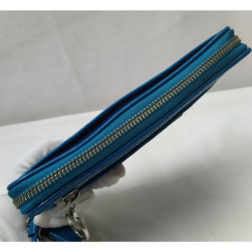Coach Poppy Blue Patent Leather Zip Around Credit Card Wristlet Wallet
